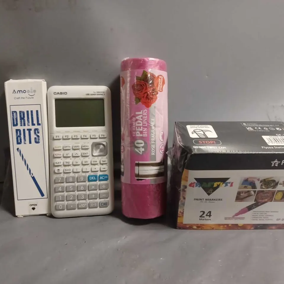 APPROXIMATELY 10 ASSORTED ITEMS TO INCLUDE - DRILL BITS , CASIO CALCULATOR , PEDAL BIN LINERS ETC