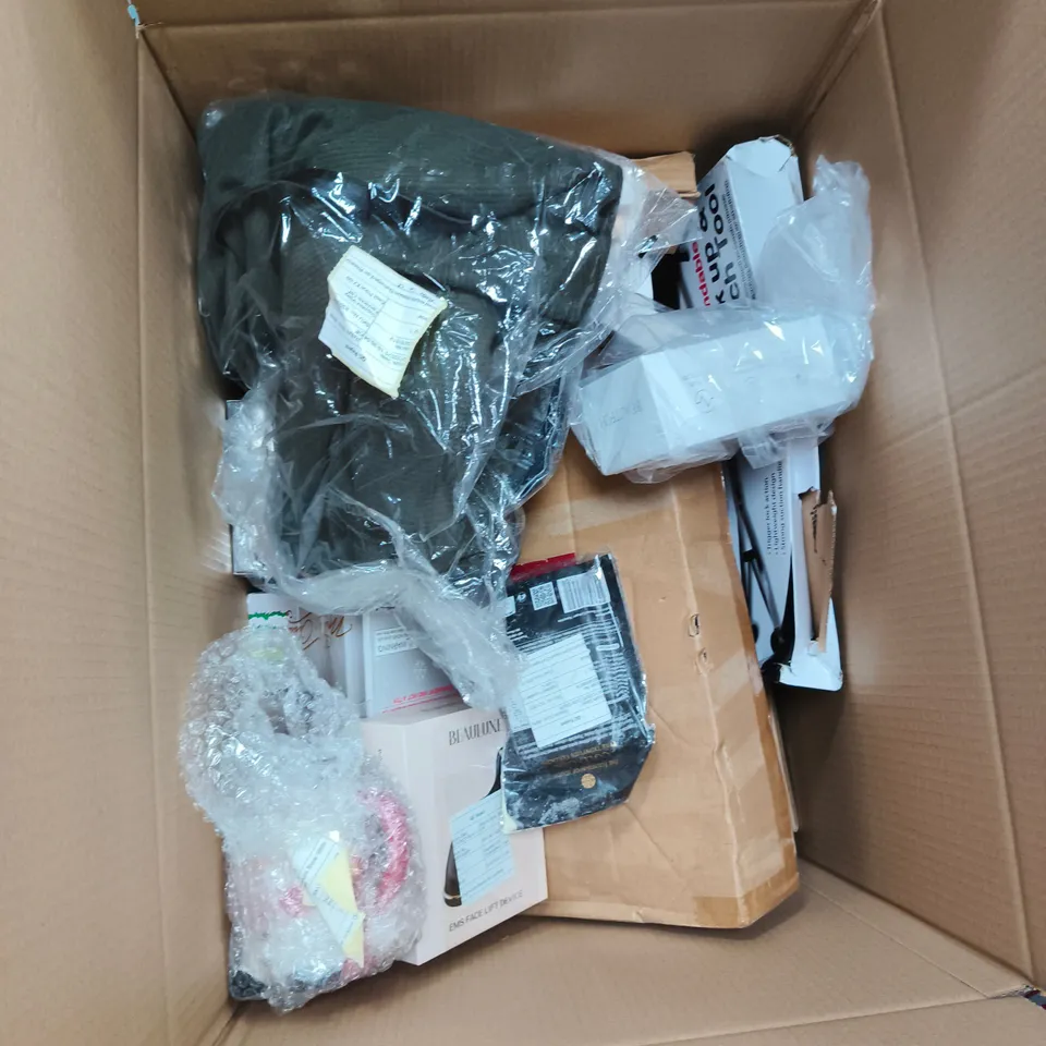 BOX OF APPROXIMATELY 20 ASSORTED HOUSEHOLD ITEMS INCLUDING EMS FACE LIFT DEVICE, NECK MESSAGER, DIFFUSER SET, MAGIC SERUM