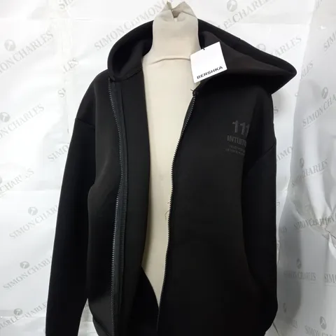 BERSHKA BLACK ZIP UP HOODED JACKET - UK SIZE MEDIUM