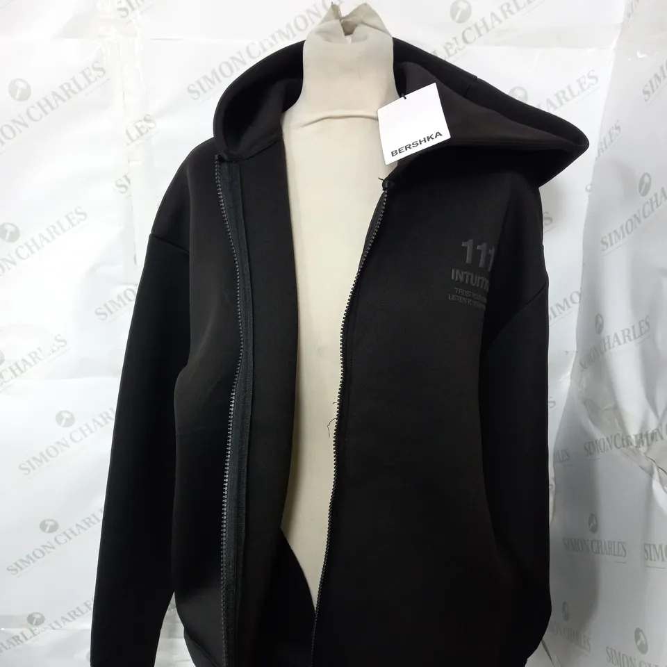 BERSHKA BLACK ZIP UP HOODED JACKET - UK SIZE MEDIUM