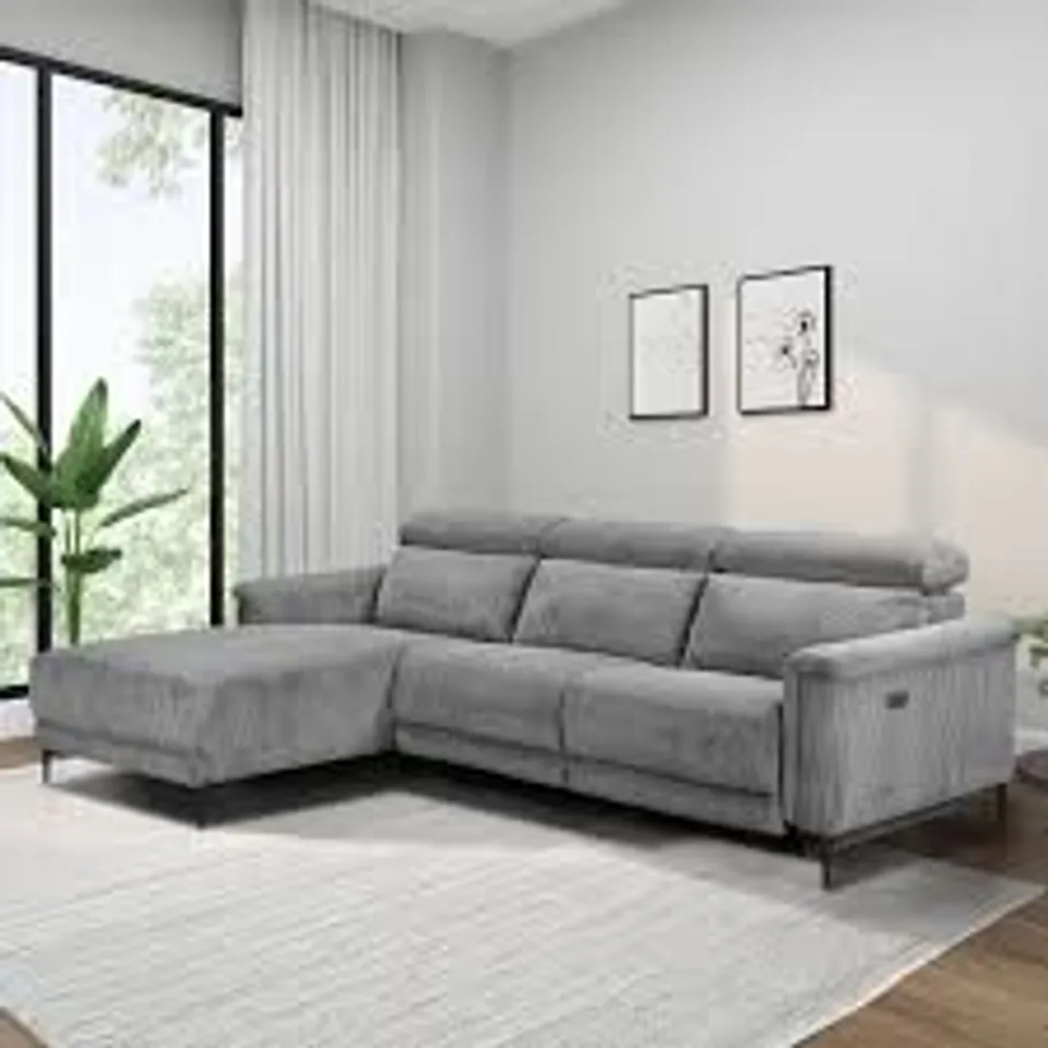 BOXED DOREL LUND THREE SEATER CORNER SOFA WITH SINGLE RECLINER - CORDUROY/GREY (3 BOXES)