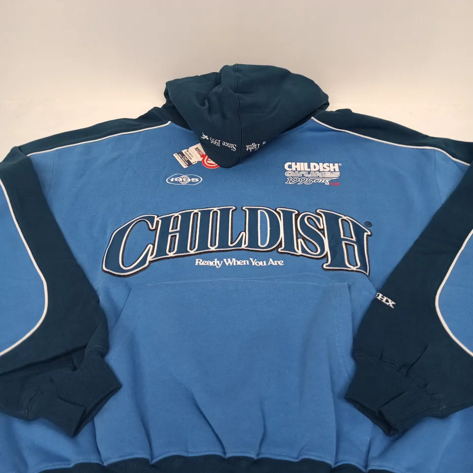 CHILDISH AIRLINES 1995 HOODIE – BLUE & NAVY, SIZE L