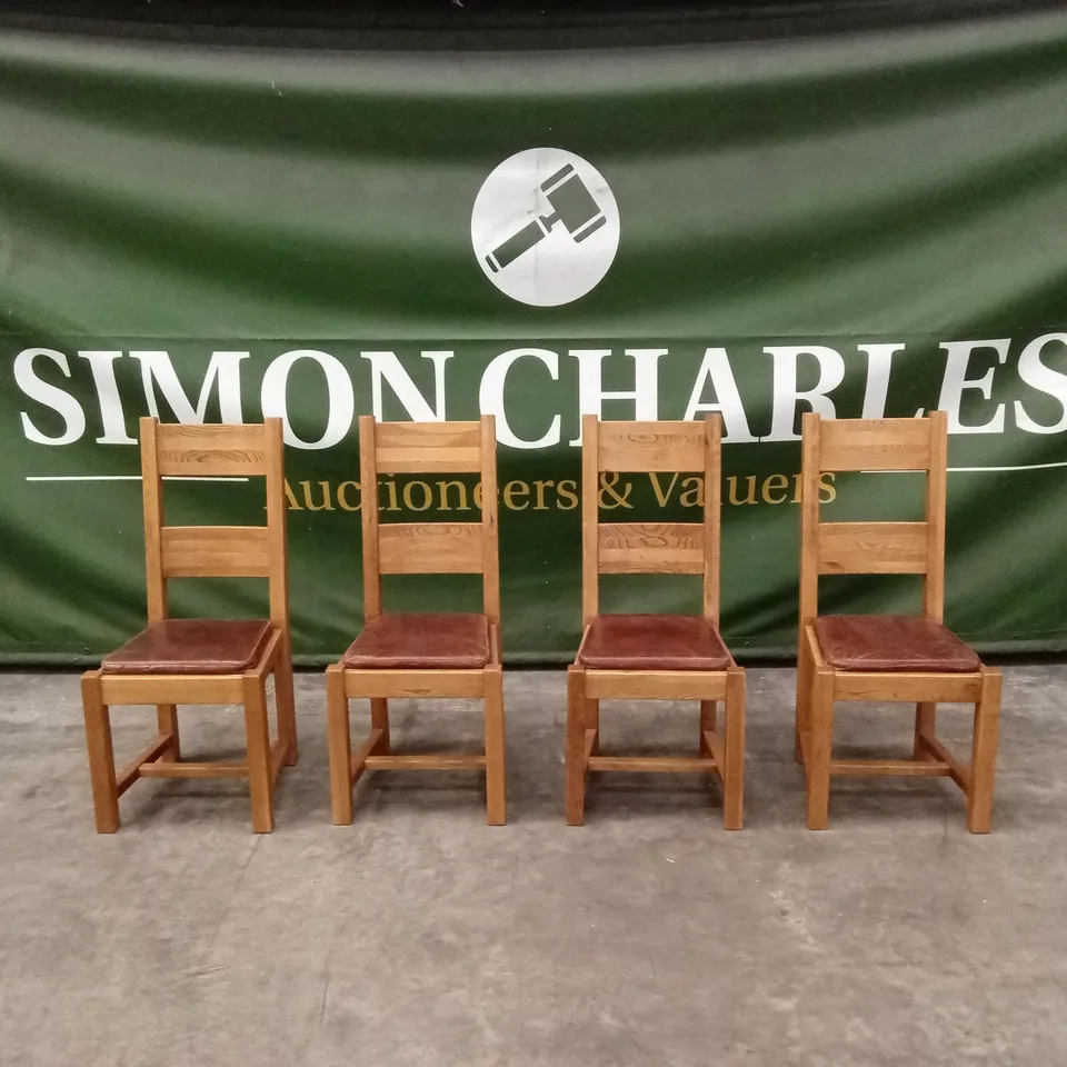 SET OF 4 DESIGNER SOLID WOOD DINING CHAIRS WITH LEATHER SEAT PAD