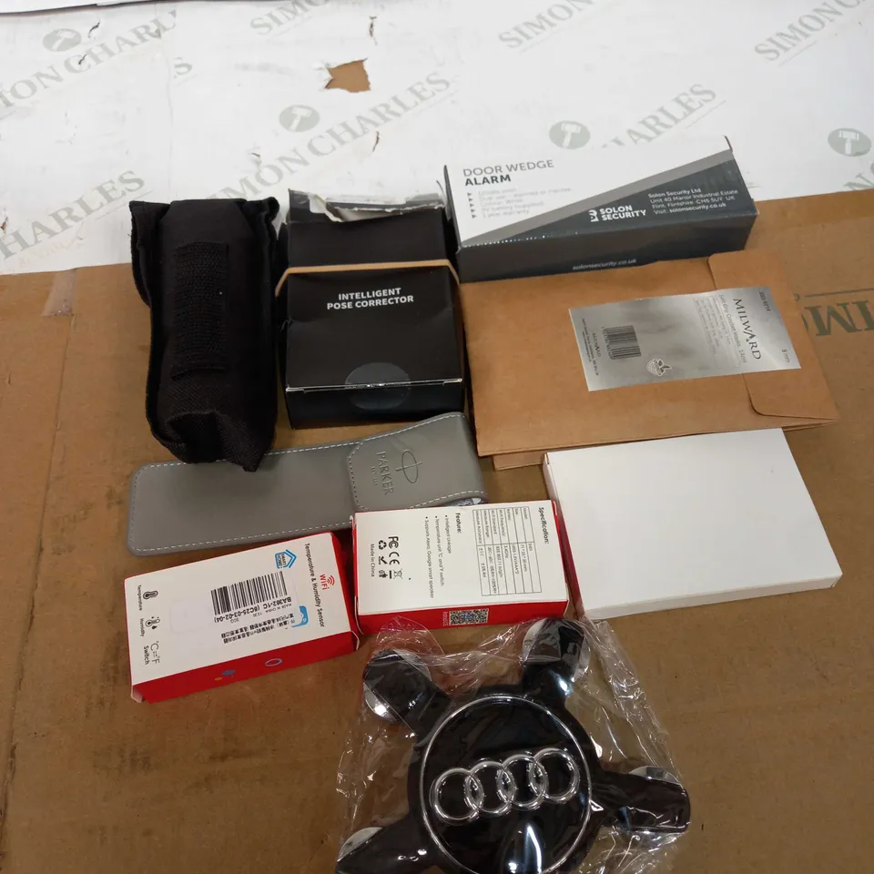 BOX OF ASSORTED HOUSEHOLD ITEMS TOO INCLUDE TEMP SENSOR AND DOOR WEDGE ALARM 
