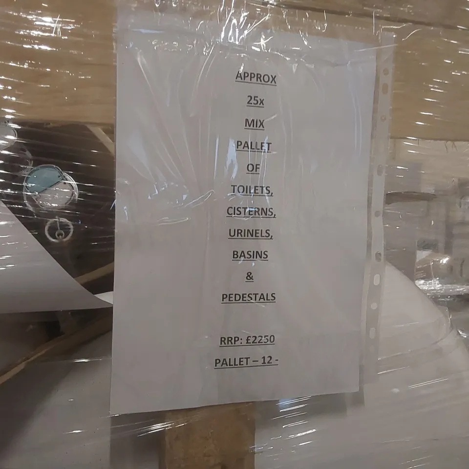 PALLET CONTAINING APPROXIMATELY 25x MIXED TOILETS, CISTERNS, URINALS, BASINS & PEDESTALS