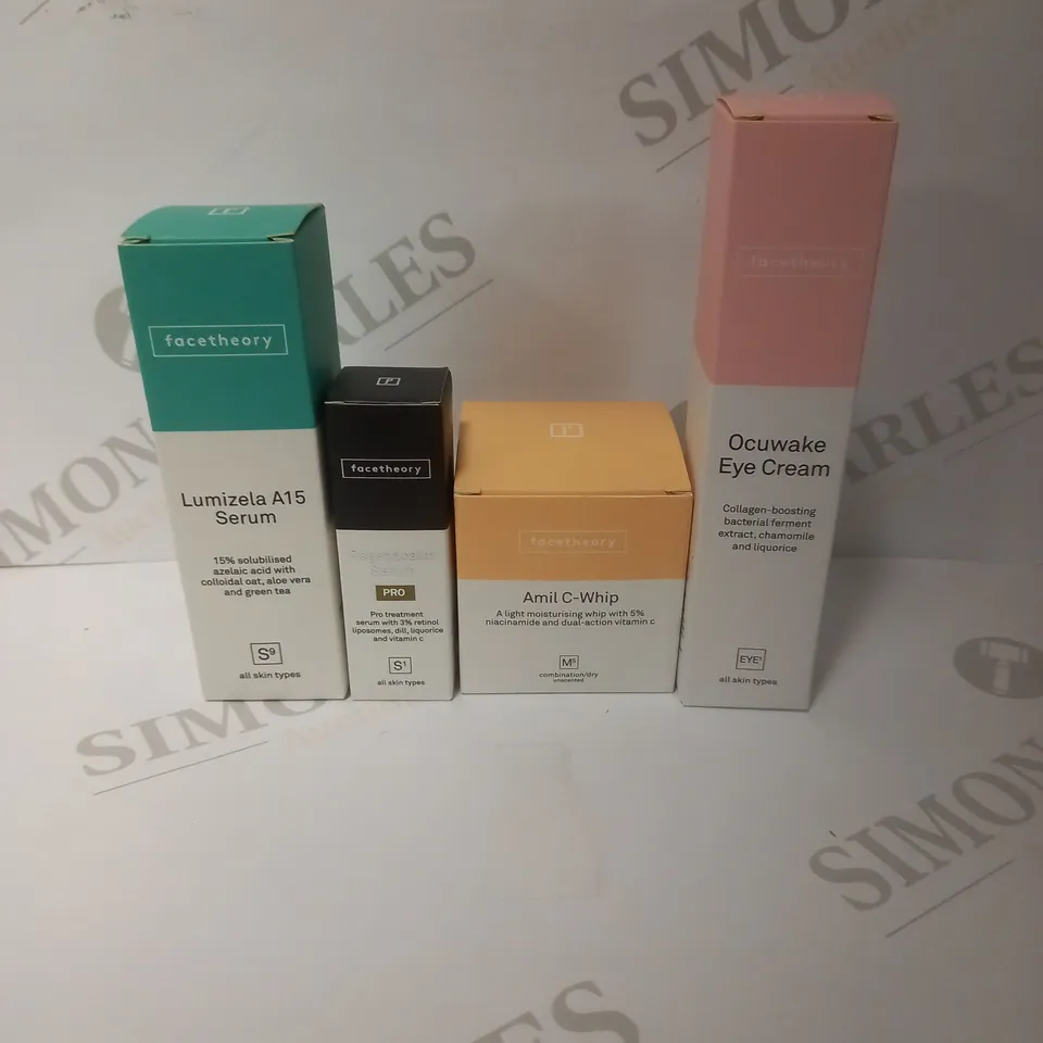 FACETHEORY SKINCARE COLLECTION TO INCLUDE LUMIZELA SERUM, REGENACALM SERUM, AMIL C-WHIP & OCUWAKE EYE CREAM 