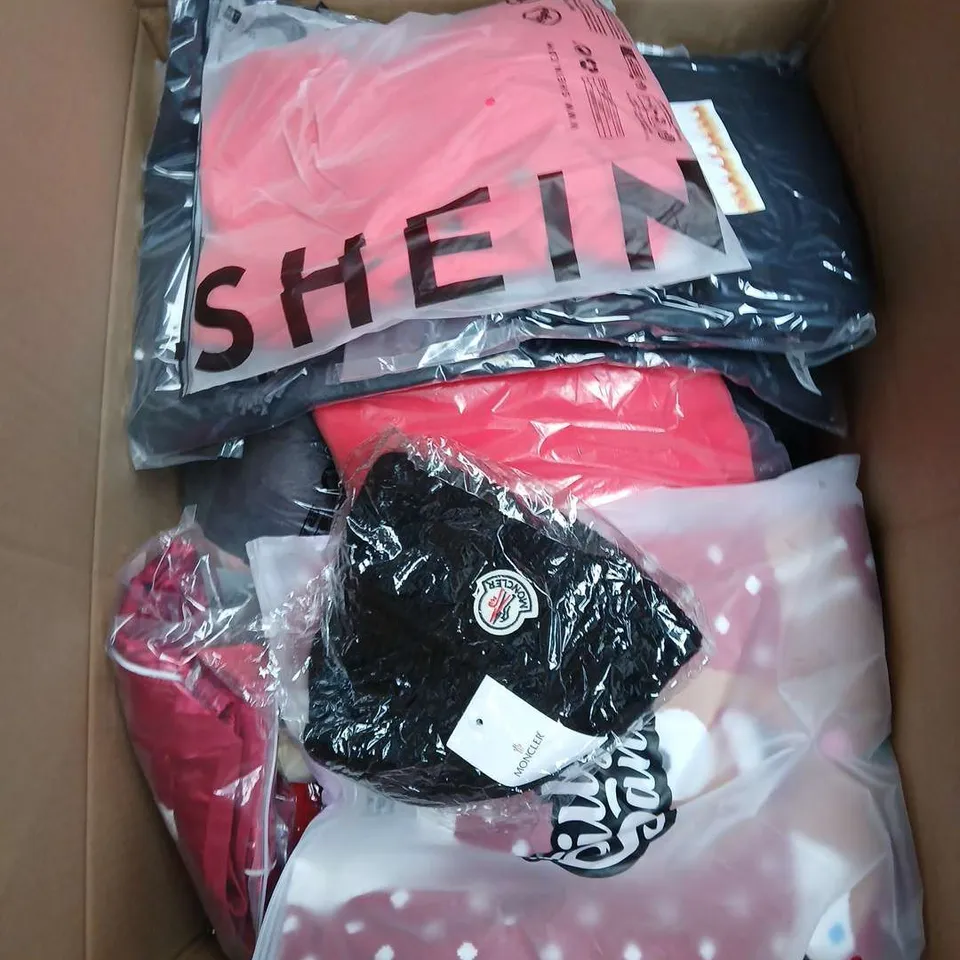 LARGE BOX OF ASSORTED CLOTHING ITEMS IN VARIOUS SIZES, STYLES AND COLOUR 