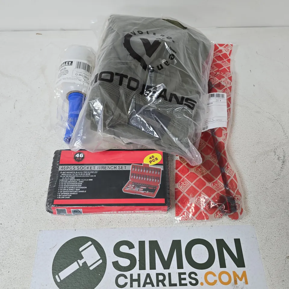 APPROXIMATELY 15 ASSORTED VEHICLE PARTS, TOOLS & ACCESSORIES TO INCLUDE 46PCS SOCKET WRENCH SET, VOLERO JEANS, FEBI STABILISER LINK, ETC - COLLECTION ONLY