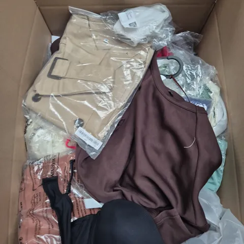 LARGE BOX OF APPROXIMATELY 25 ASSORTED CLOTHING ITEMS IN VARIOUS COLOURS, STYLES AND SIZES - COLLECTION ONLY
