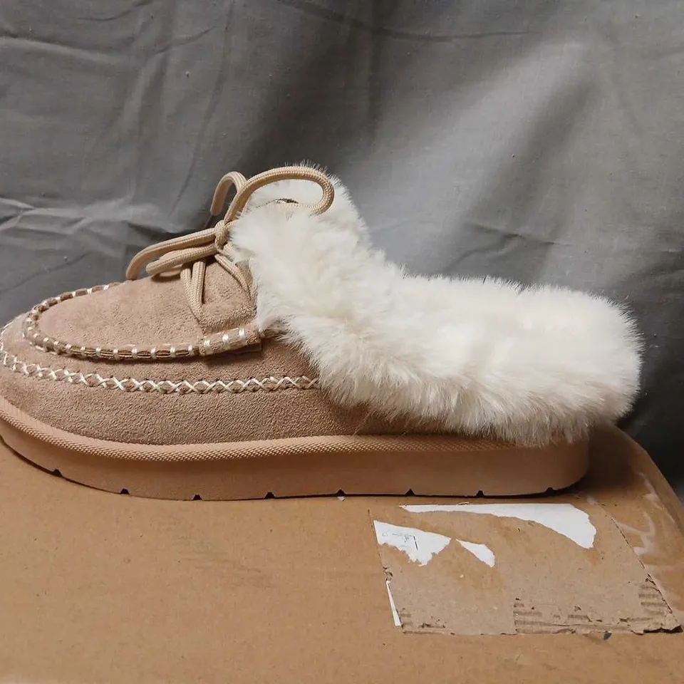 WOMEN'S NUDE MICROFIBRE MOCCASIN SLIPPERS WITH FAUX FUR LINING – UK 6 (STYLE LS10269)