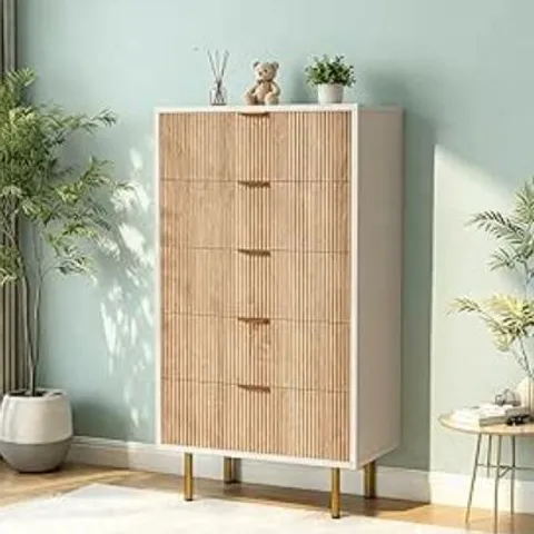 BOXED RATTAN SIDEBOARD WITH 5 DRAWERS, BEDSIDE TABLES FOR BEDROOM, (NATURAL WOOD COLOR + WHITE