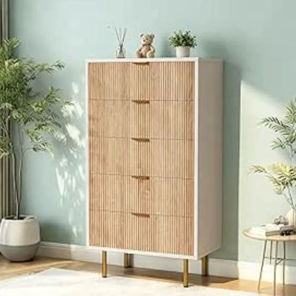 BOXED RATTAN SIDEBOARD WITH 5 DRAWERS, BEDSIDE TABLES FOR BEDROOM, (NATURAL WOOD COLOR + WHITE