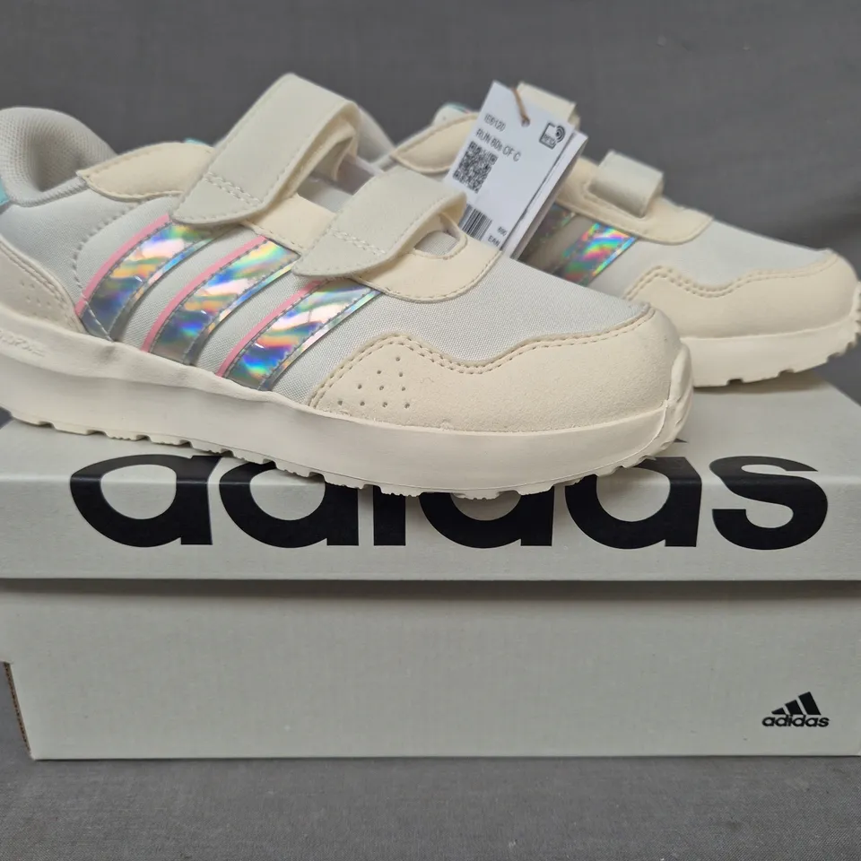 BOXED PAIR OF ADIDAS RUN 60S KID'S SHOES IN CREAM/MULTICOLOUR UK SIZE 1