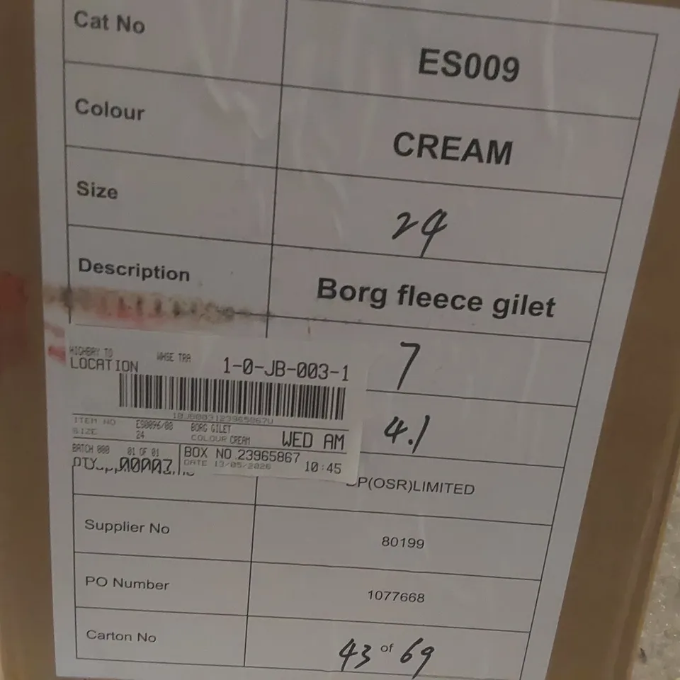 BOX CONTAINING APPROXIMATELY 7x BRAND NEW JD WILLIAMS CREAM BORG GILETS - SIZE 24