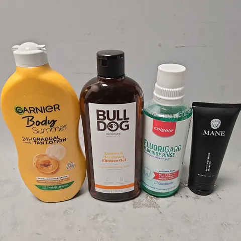 APPROXIMATELY 13 ASSORTED HEALTH & BEAUTY ITEMS TO INCLUDE - BULL DOG SHOWER GEL , GARNIER BODY TAN LOTION , MANE HAIR THICKENING SHAMPOO ETC