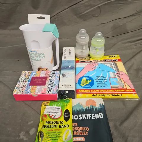 TOTE OF APPROXIMATELY 10 ASSORTED HOUSEHOLD ITEMS TO INCLUDE  BABY BOTTLES, WINDOW INSULATION KIT AND MOSQUITO BRACELET