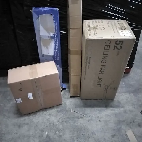 PALLET OF HOUSEHOLD ITEMS TO INCLUDE BED RAIL, CEILING FAN LIGHT, SPRING TENSION SHOWER CURTAIN AND OTHER ASSORTED ITEMS...
