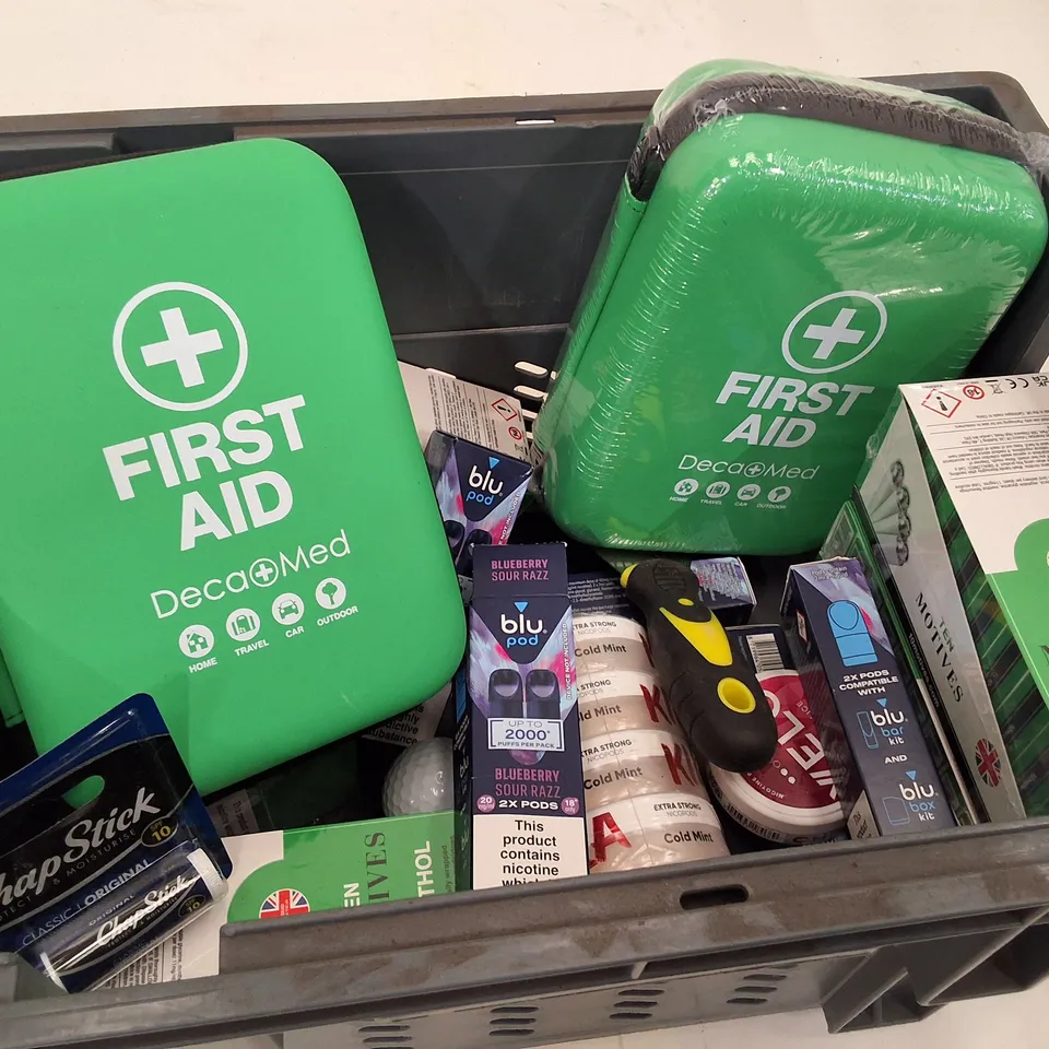 TOTE CONTAINING ASSORTED PRODUCTS INCLUDING FIRST AID KITS, NICOTINE POUCHES, CHAPSTICK & BLU POD CARTRIDGES