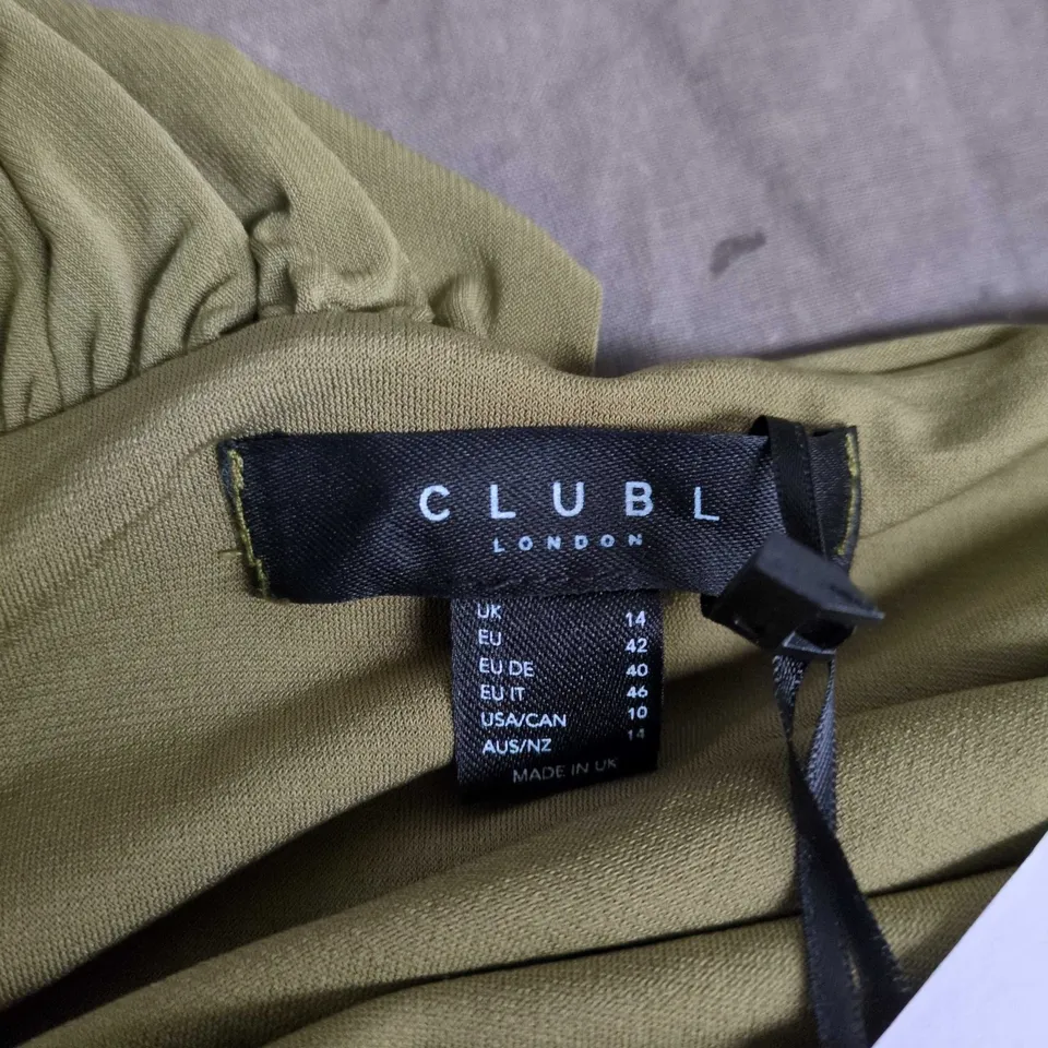 CLUB L LONDON OLIVE GREEN DRAPED-NECK DRESS, UK 14