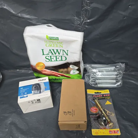 APPROXIMATELY 15 ASSORTED HOUSEHOLD PRODUCTS TO INCLUDE PENCIL SHARPENER, LAWN SEED, FLAME GUN ETC