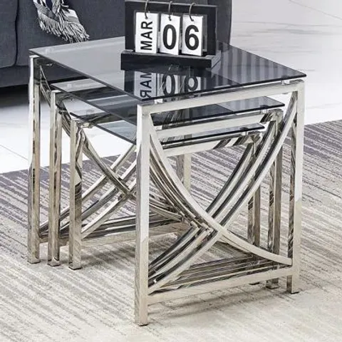 BOXED STAINLESS STEEL NEST OF TABLES WITH CLEAR TEMPERED GLASS TOP (1 BOX)