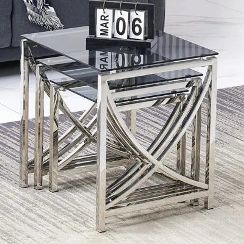 BOXED STAINLESS STEEL NEST OF TABLES WITH CLEAR TEMPERED GLASS TOP (1 BOX)