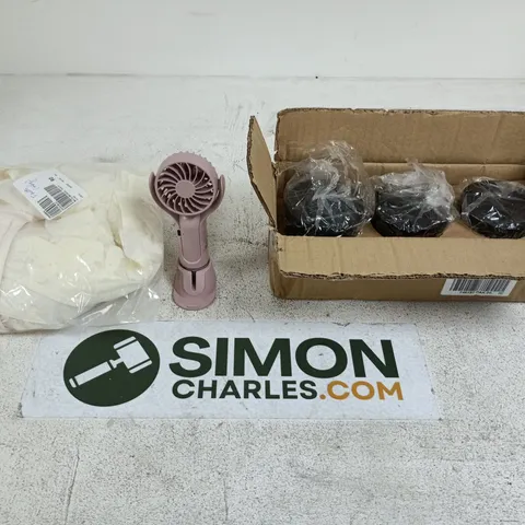 BOX OF APPROXIMATELY 15 HOUSEHOLD ITEMS TO INCLUDE CLOTHING, MINI MIST FAN AND SOLAR GARDEN LIGHTS