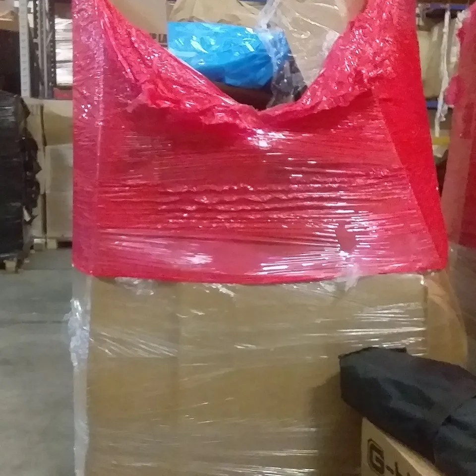 PALLET OF ASSORTED BOXED ITEMS SUCH AS COAT RACK , BEACH UMBRELLA , PARASOL BASE SET ,120 0UTDOOR PROJECTOR SCREEN,  KARABAR BAG