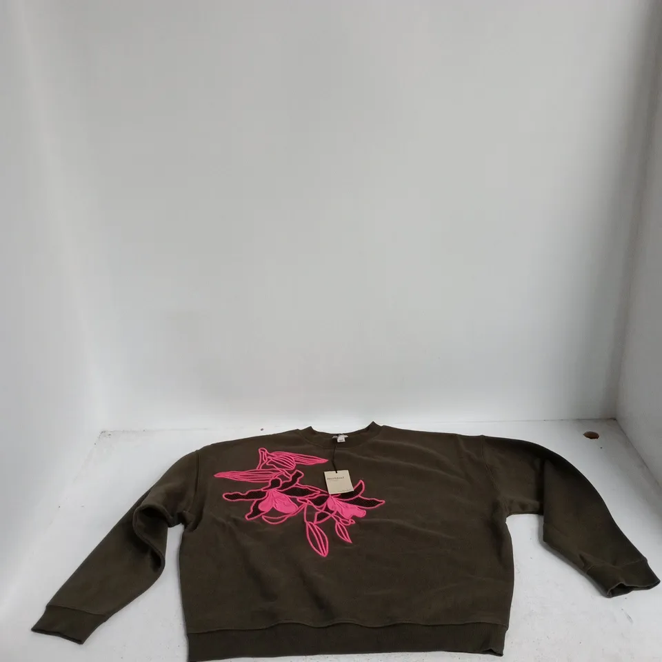 RIVER ISLAND  BROWN SWEATSHIRT WITH PINK FLORAL GRAPHIC – SIZE S