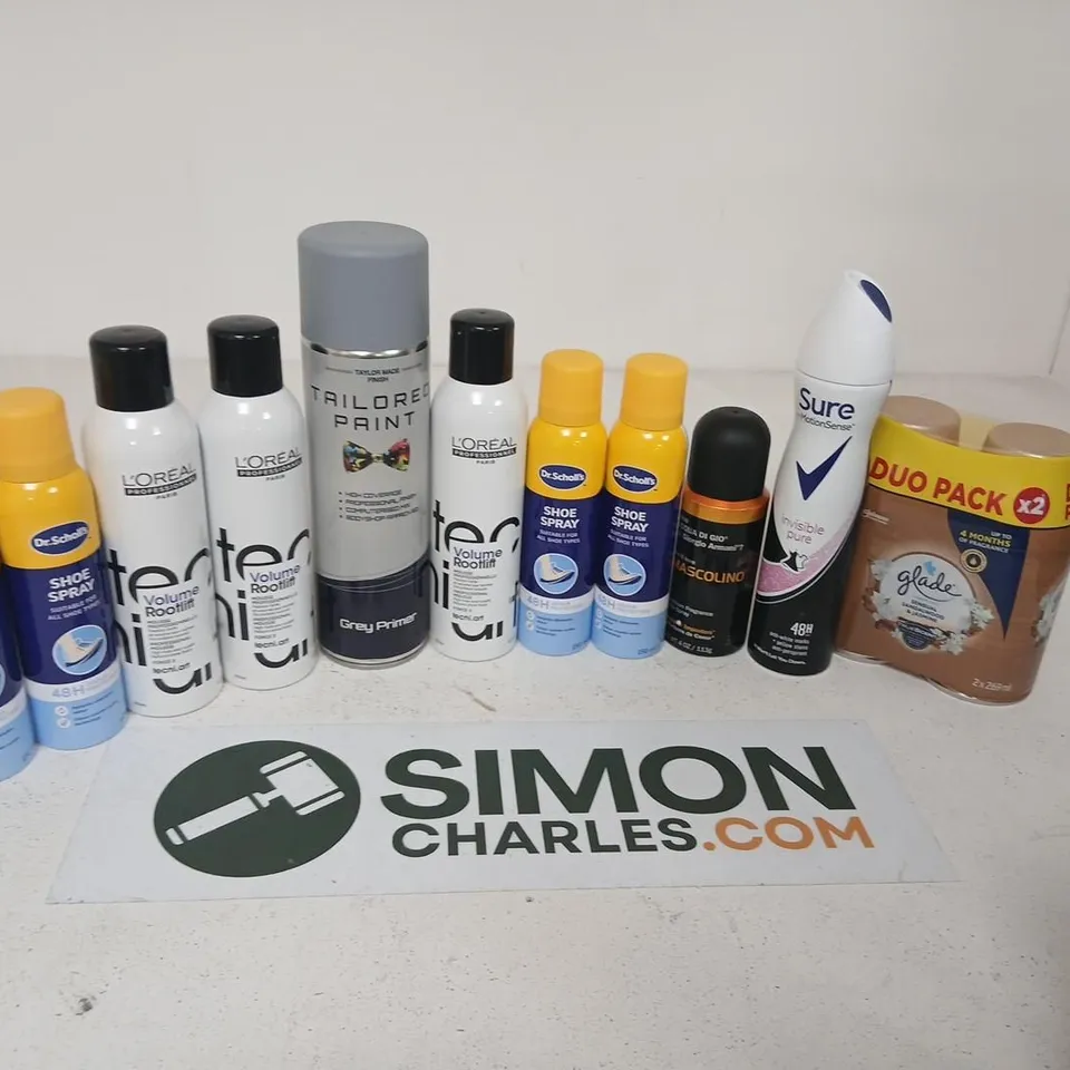 APPROXIMATELY 20 ASSORTED AEROSOLS TO I NCLUDE; ASSORTED HEALTH & BEAUTY PRODUCTS (HAIRCARE & STYLING) – L’ORÉAL, DR. SCHOLL’S, SURE, GLADE