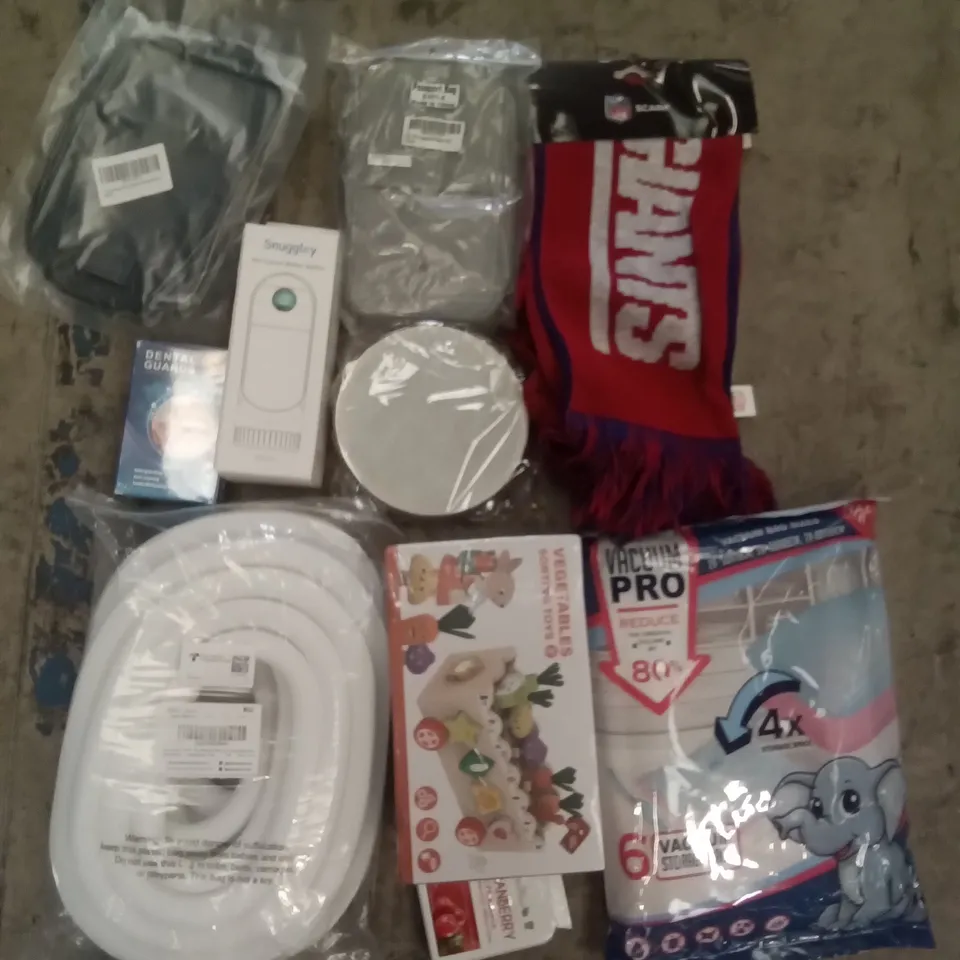 PALLET OF ASSORTED ITEMS INCLUDING VEGETABLE SORTING TOYS, DENTAL GUARDS, PASSPORT HOLDER, TRAVEL TOILETRIES BAG, NFL GIANTS SCARF, PET TRAVEL WATER BOTTLE