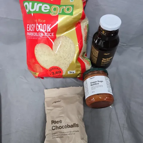 APPROXIMATELY 8 ASSORTED FOOD/DRINK PRODUCTS TO INCLUDE PUREGRO RICE, CHOCOBALLS, SOY SAUCE ETC 