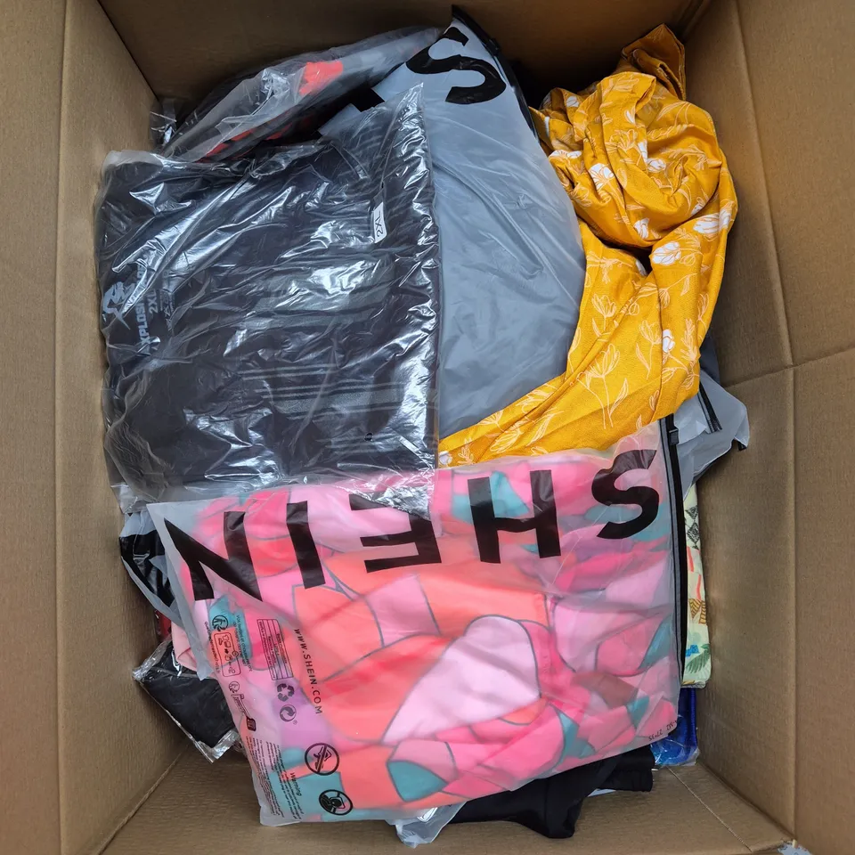 LARGE BOX OF ASSORTED CLOTHING ITEMS IN VARIOUS SIZES, STYLES AND COLOUR - COLLECTION ONLY