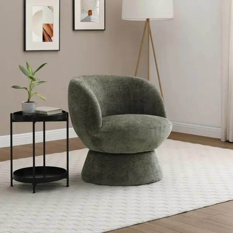 BOXED TULIP CHENILLE CURVED SWIVEL ACCENT CHAIR - OLIVE (1 BOX)