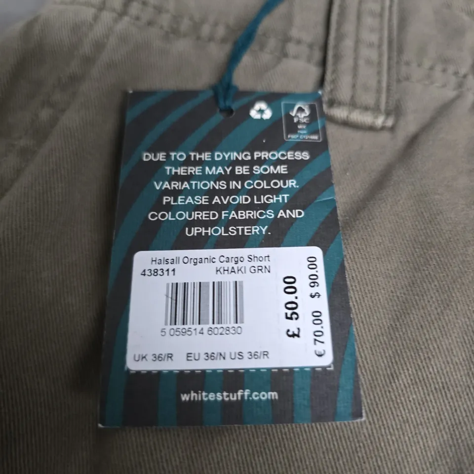 WHITE STUFF HALSALL ORGANIC CARGO SHORT - KHAKI GREEN, UK 36 (EU 36 / US 36)