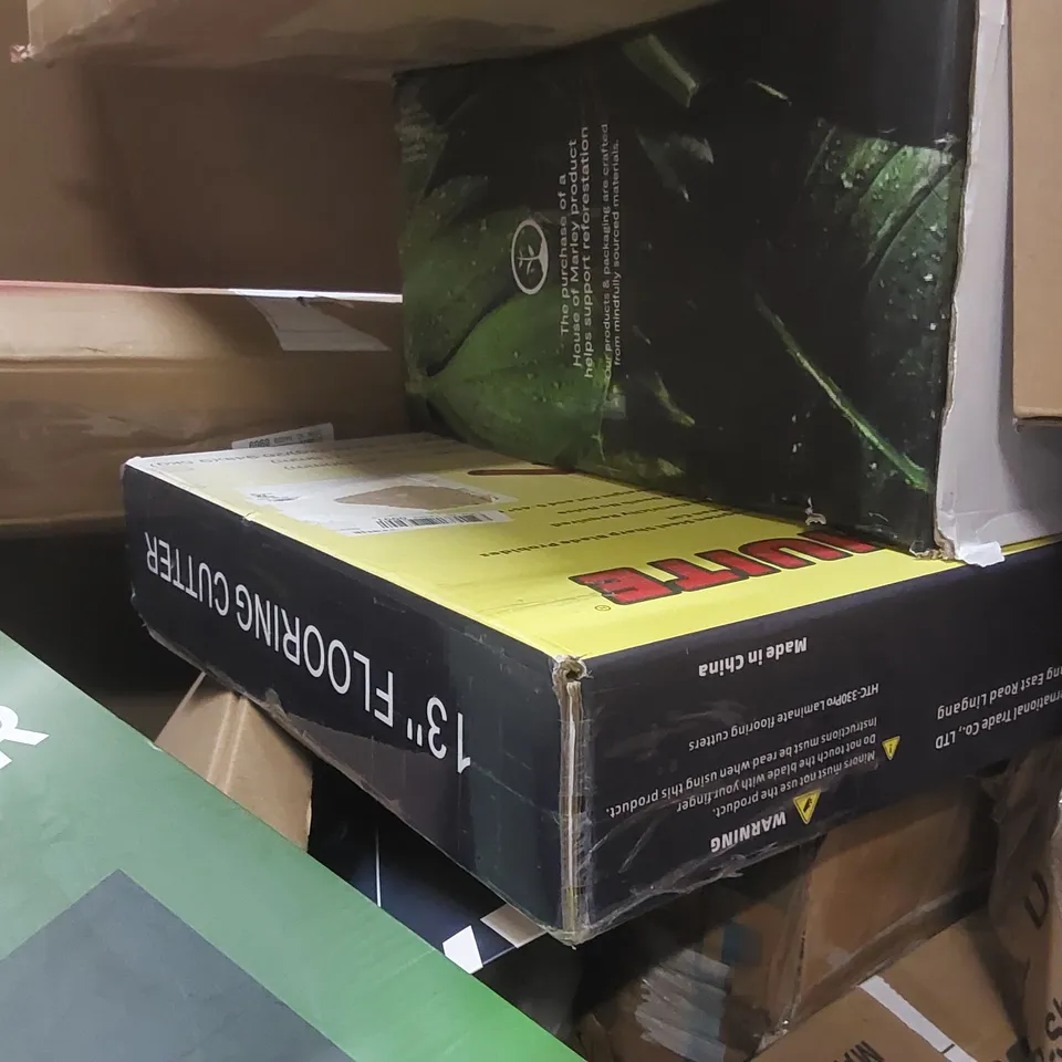 PALLET OF ASSORTED HOUSEHOLD GOODS AND PRODUCTS TO INCLUDE: BONSAII PAPER SHREDDER, 13" FLOORING CUTTER, FOOT MASSAGER, LAPTOP COOLER ECT