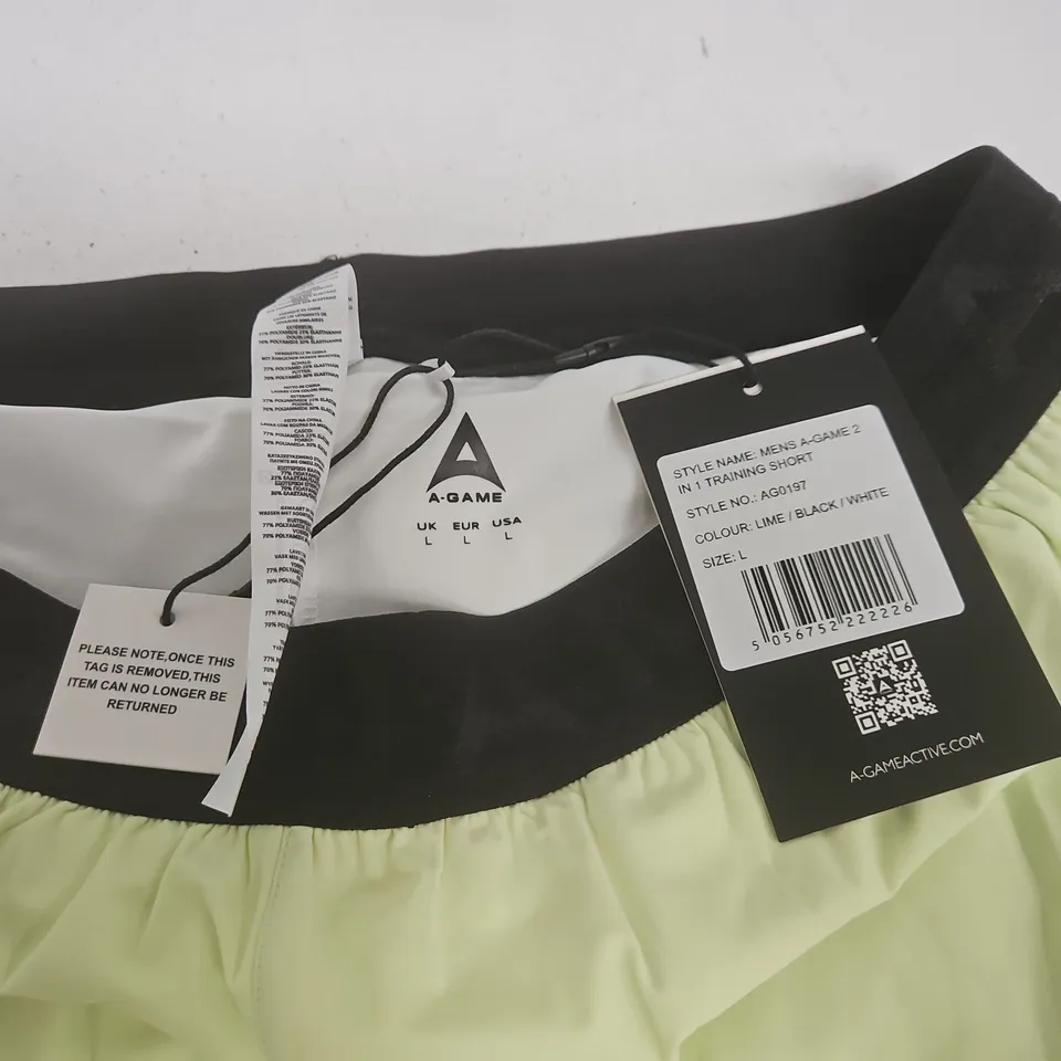 A-GAME MENS 2IN1 TRAINING SHORTS IN GREEN - L