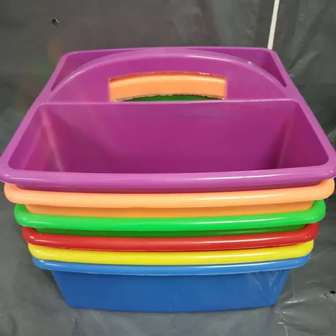 6 COLOURED PLASTIC STORAGE TRAYS WITH HANDLES