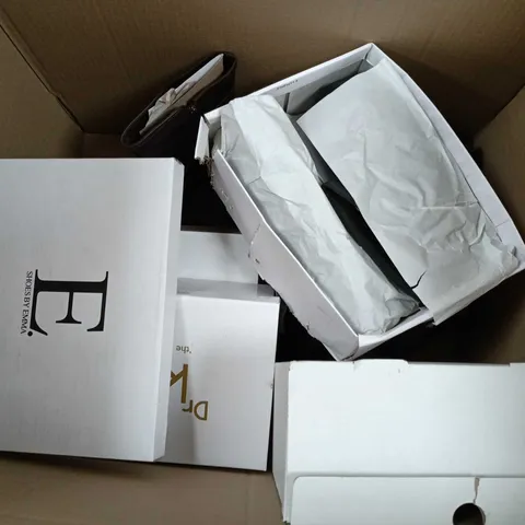 LARGE BOX OF ASSORTED SHOES IN VARIOUS COLORS, STYLES AND SIZES  