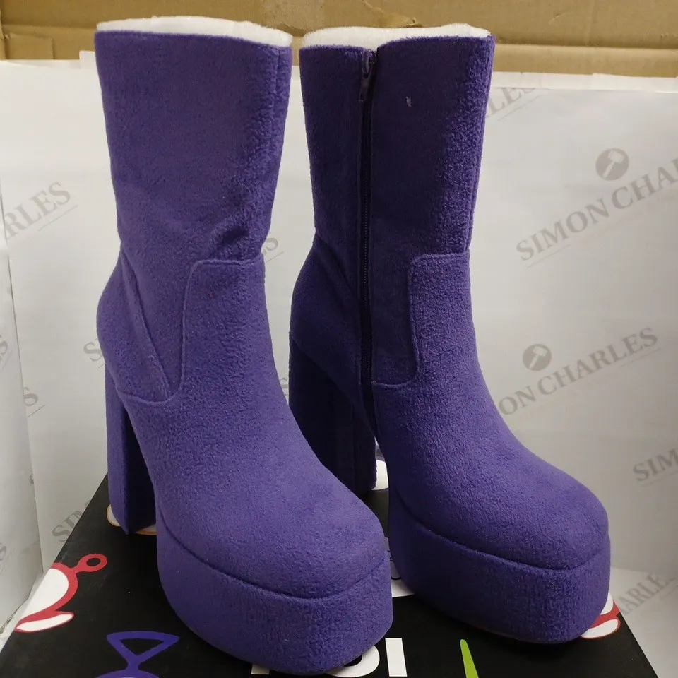 KOI VEGAN TELETUBBIES TINKY WINKY FLUFFY PLATFORM BOOTS - PURPLE SIZE 7
