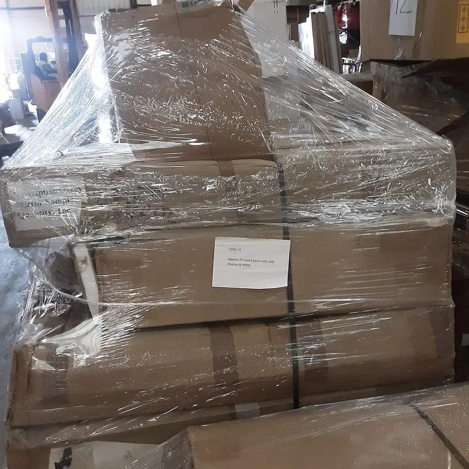 PALLET OF APPROXIMATELY 20 MIXED BASIN UNITS OAK, WALNUT & WHITE