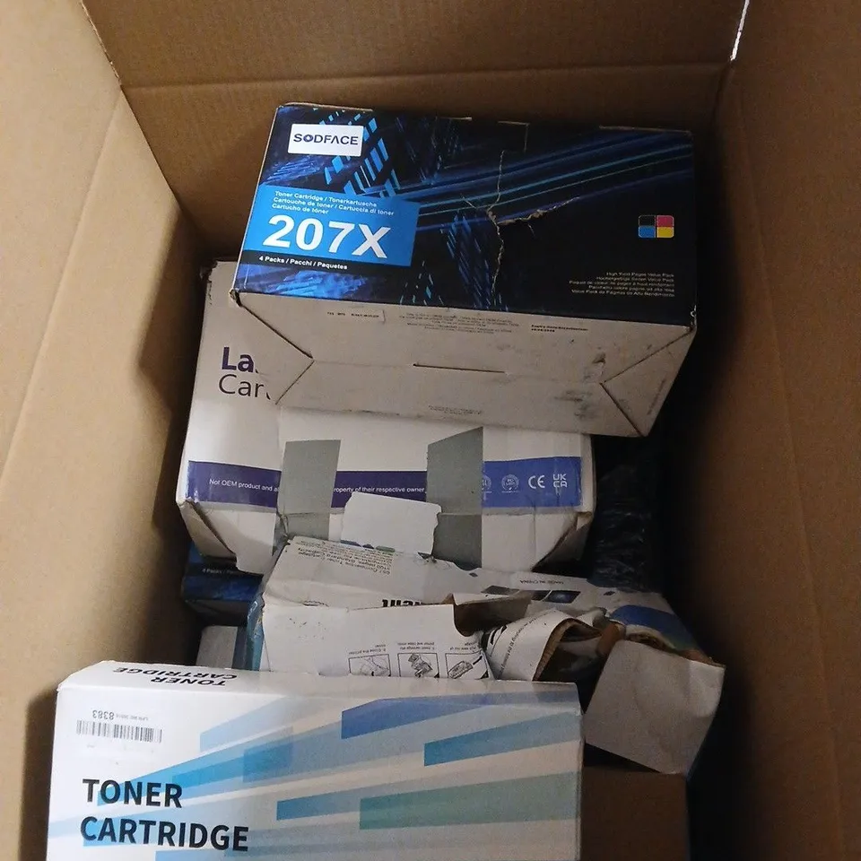 BOX OF APPROXIMATELY 10 ASSORTED PRINTER TONER CARTRIDGES
