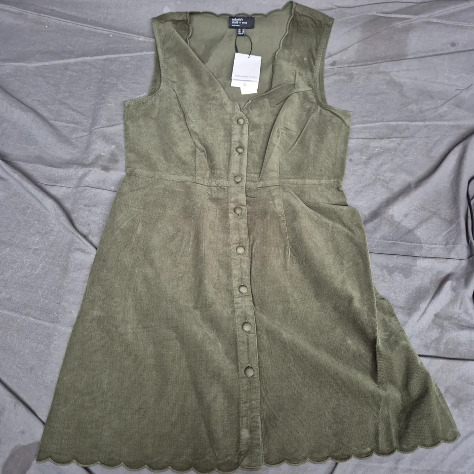 NOBODY'S CHILD OLIVE GREEN PETITE DRESS – BUTTON-FRONT, UK 10 (EU 38, USA 6)
