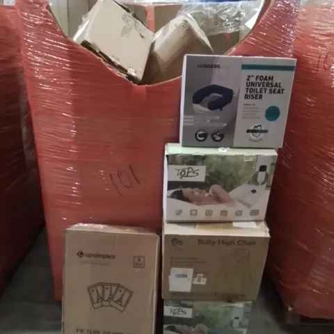 PALLET CONTAINING VARIOUS ASSORTED BOXED HOUSEHOLD ITEMS TO INCLUDE: HEATED THROWS, BABY HIGH CHAIR,  TOILET SEAT RISER, CASTLOVE CHAIR AND LOTS MORE UNMARKED BOXED ITEMS 