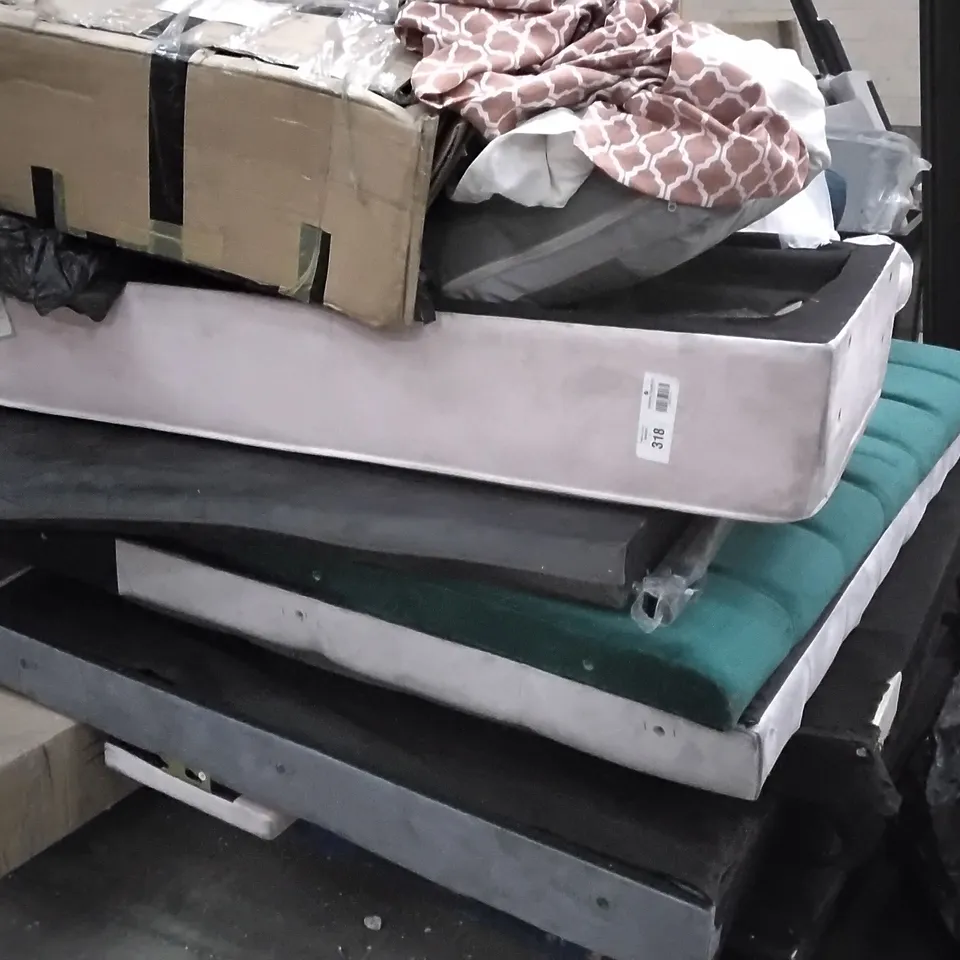 PALLET OF ASSORTED BED FURNITURE PARTS INCLUDING VELVET HEADBOARDS, SOFA SEAT CUSHIONS, BUNK BED PARTS