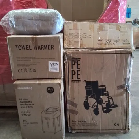 PALLET CONTAINING VARIOUS ASSORTED BOXED HOUSEHOLD ITEMS TO INCLUDE: WHEELCHAIR, AUTOMATIC PAPER SHREDDER, TOWEL WARMER, BED GUARD RAIL AND LOTS MORE UNMARKED BOXED ITEMS