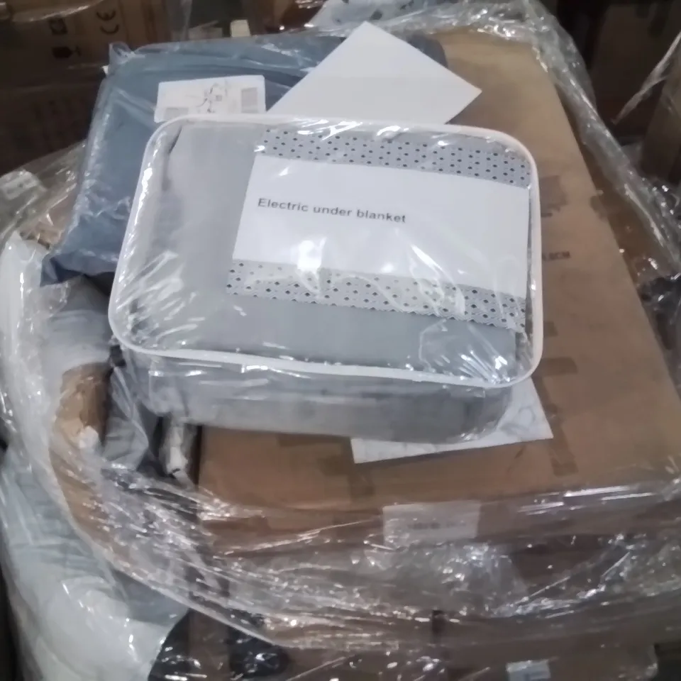 PALLET CONTAINING VARIOUS ASSORTED BOXED ITEMS TO INCLUDE: SHOE STORAGE UNIT, PET GATE, ELECTRIC UNDER BLANKET ECT.
