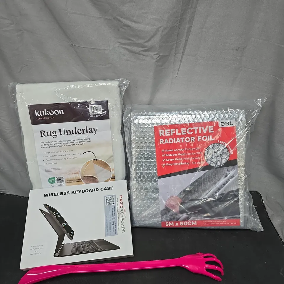BOX OF APPROXIMATELY 15 ASSORTED HOUSEHOLD ITEMS TO INCLUDE REFLECTIVE RADIATOR FOIL, WIRELESS KEYBOARD CASE AND RUG UNDERLAY 