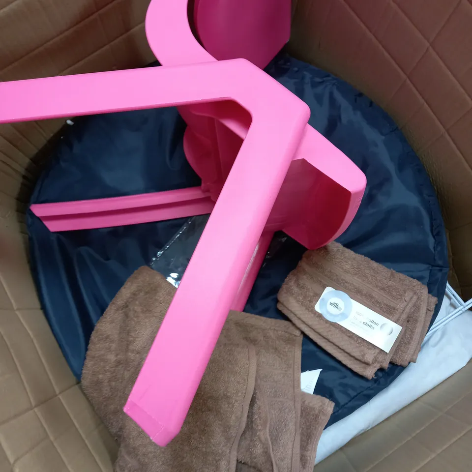 BOX OF APPROXIMATELY 5 ASSORTED ITEMS TO INCLUDE POP UP TENT, KIDS PINK CHAIR, TOWEL RAGS ETC