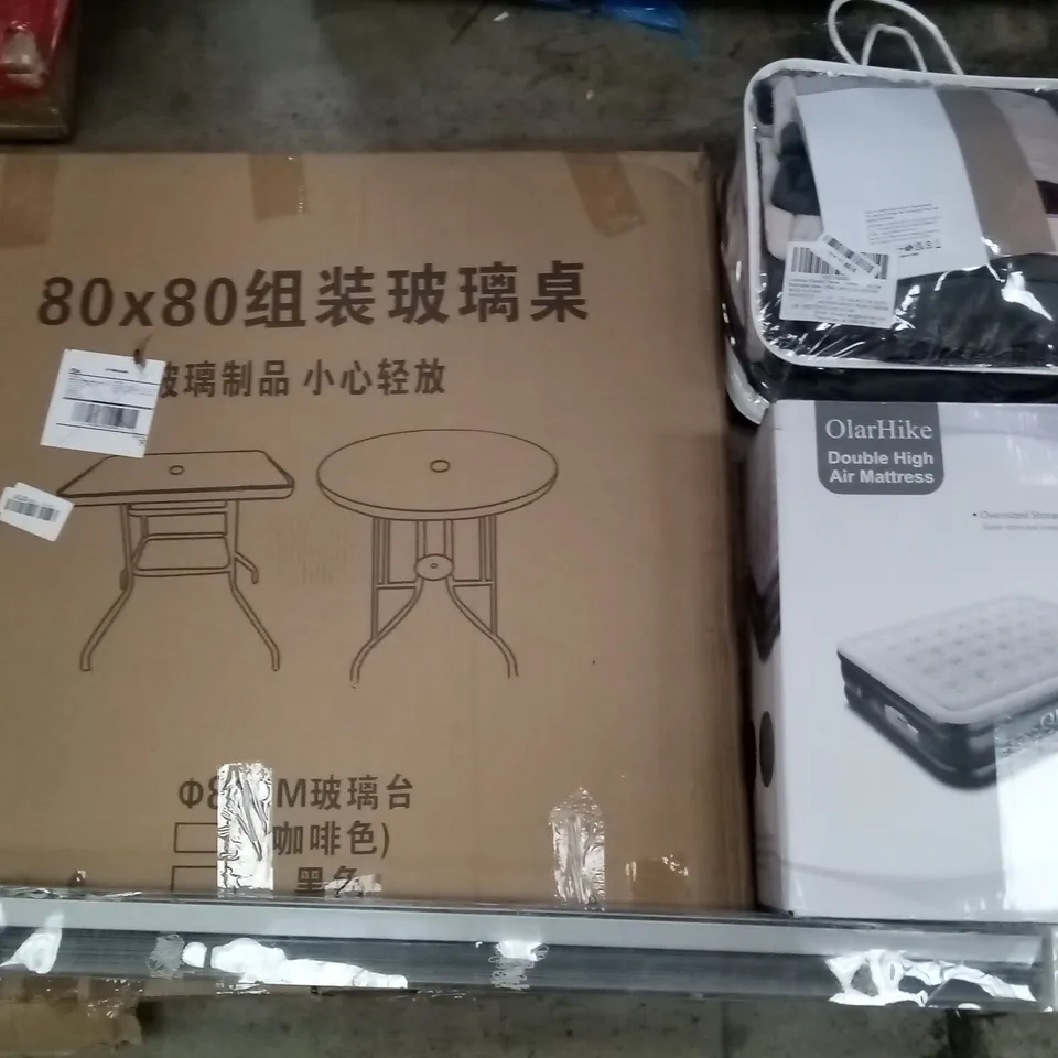 PALLET OF ASSORTED ITEMS INCLUDING OLARHIKE DOUBLE HIGH AIR MATTRESS, GARDEN TABLE, ROLLER BLINDS, HEATED MATTRESS, ROTISSERIE KIT, STOREMIC TOILET SEAT 